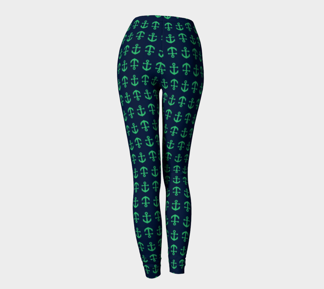 Anchor Toss Adult Leggings Green on Navy